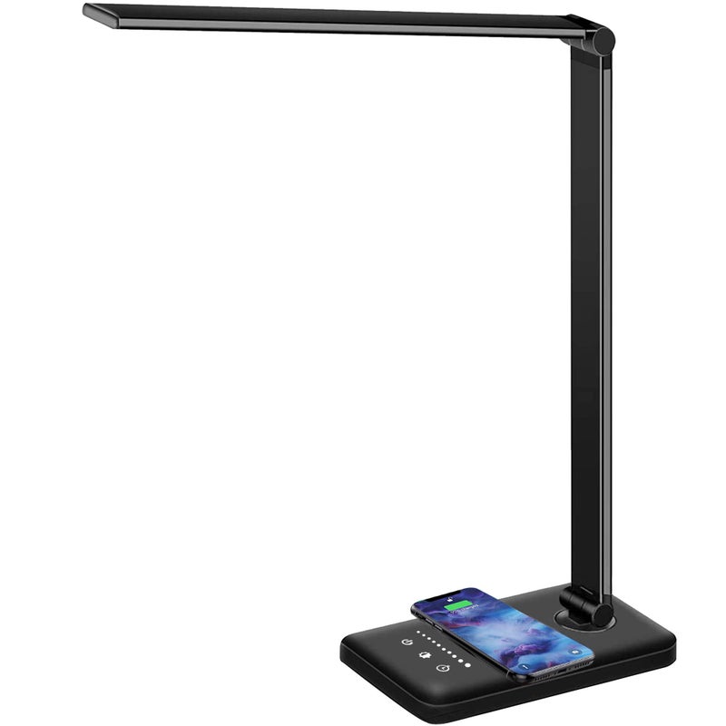 MCHATTE LED Desk Lamp with Wireless Charger, USB Charging Port, Dimmable Eye-Caring Desk Light with 5 Brightness Levels & 5 Lighting Modes, Touch Control, Auto Timer (Black) - Image 1